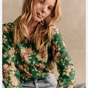Sezane Pierro Silk Blend Floral Button Down Shirt